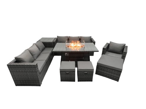 Fimous Rattan Garden Furniture Firepit Dining Set 10 Seater Lounge Sofa Table Set with side table 3 Footstool