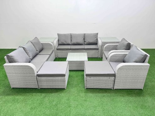 Fimous PE Rattan High Back Lounge Sofa Set Patio Square Coffee Table & Chairs Set with 3 Seater Sofa Reclining Chair 2 Big Footstool 2 Side Table Light Grey