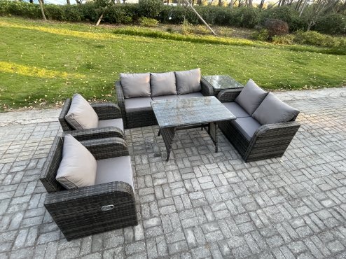 Fimous 7 Seater High Back PE Rattan Sofa Set Outdoor Garden Furniture Dining Table Set With Reclining Chair 3 Seater Sofa Love Sofa Side Table