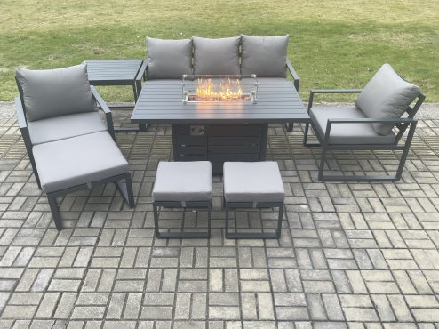 Fimous Aluminium Patio Outdoor Garden Furniture Lounge Sofa Set Gas Fire Pit Dining Table with Side Table 3 Footstools Dark Grey