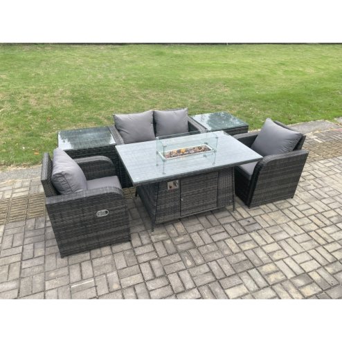 Fimous Rattan Outdoor Garden Furniture Set Gas Fire Pit Dining Table with 2 Side Tables Chair Love seat Sofa