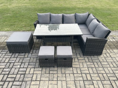 Fimous 9 Seater Garden Rattan Furniture Corner Sofa Dining Table Chair Set with 2 Small Footstools Indoor Outdoor Lounge Sofa Set