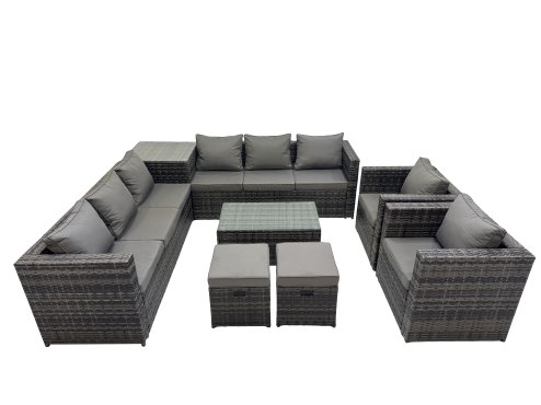 Fimous 10 Seater Garden Outdoor Rattan Furniture Set Patio Corner Sofa Rectangular Coffee Table with 2 Small Stool Dark Grey