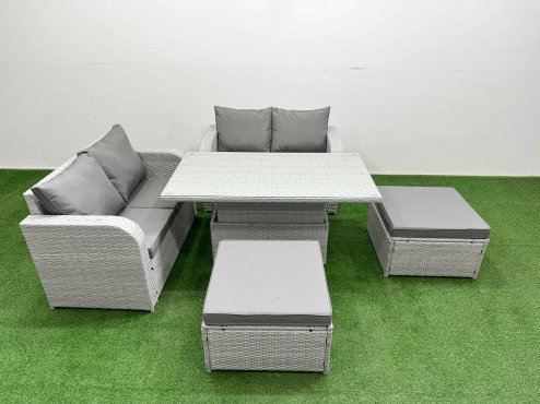Fimous 6 Seater Outdoor Love Sofa Set Rattan Garden Furniture Set with Adjustable Lifting Dining or Coffee Table 2 Footstool Light Grey