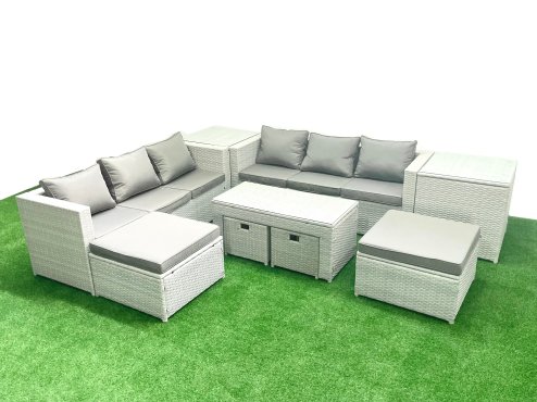Fimous Outdoor Rattan Garden Furniture Set with Grey Cushions Luxury 10 Seater with Coffee Table and 2 Side Tables For Conservatory,Patio