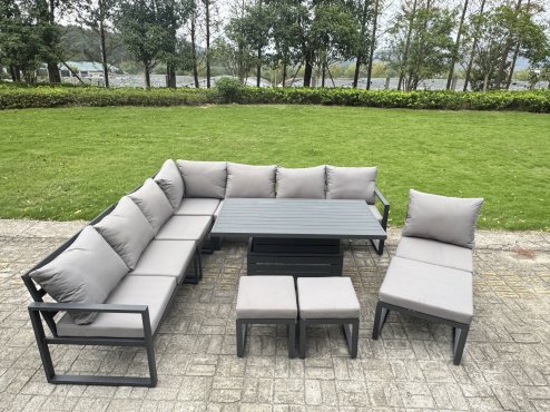 Fimous 9 Pieces Aluminium Garden Furniture Set with Cushions, Patio Furniture Set with Adjustable Rising Lifting Dining Table 2 Big Footstools Dark Grey