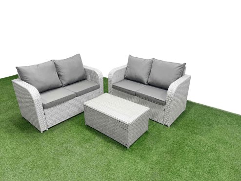 Fimous 4 Seater Outdoor Love Sofa Set Rattan Garden Furniture Set with Rectangular Coffee Table Light Grey
