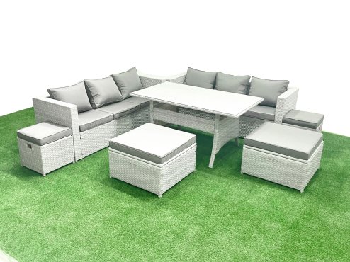 Fimous Rattan Garden Furniture Set Outdoor 10 Seater Patio Dining Sets with Glass Top Dining Table Light Grey Mixed