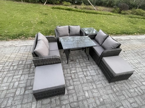 Fimous Outdoor Rattan Garden Furniture Set 8 Seater Patio Love Sofa Set with Rectangular Dining Table 2 Big Footstool Side Table Dark Grey Mixed