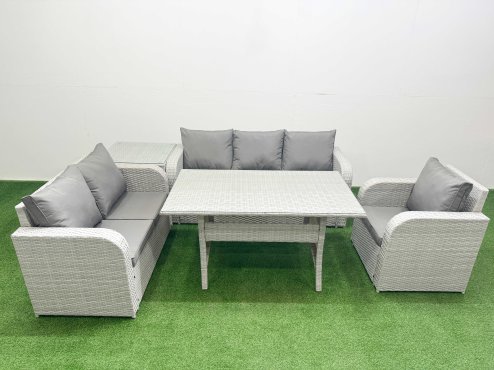 Fimous Patio PE Wicker 6 Seater Outdoor Rattan Furniture Sofa Sets with Rectangular Dining Table Reclining Chair Loveseat Sofa 3 Seater Sofa Side Table Light Grey