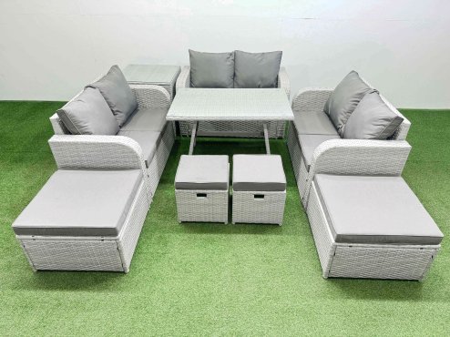 Fimous 10 Seater Patio Garden Furniture Sets with Dining Table Love Sofa Side Table 4 Stools Light Grey