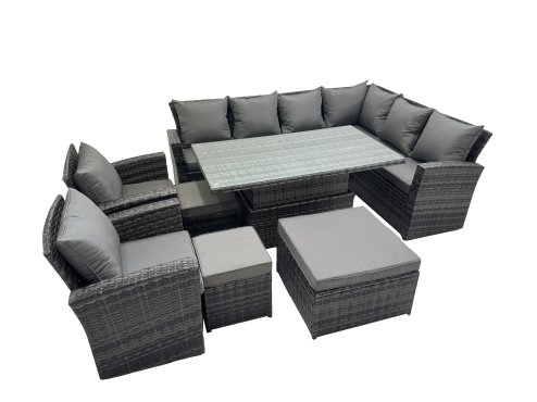 Fimous 11 Seat Rattan Garden Furniture Corner Sofa Set Outdoor Adjustable Lifting Dining or Coffee Table Set with 3 Footstools Dark Grey Mixed
