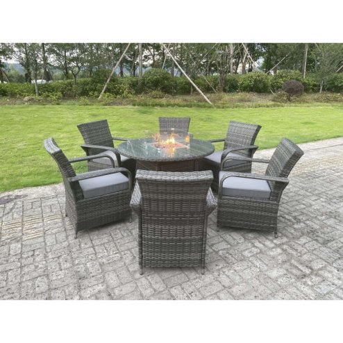 Fimous Rattan Garden Furniture Gas Fire Pit Round Dining Table Gas Heater And Dining Chairs 6 Seater