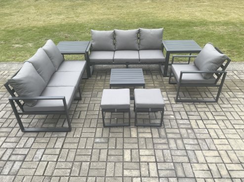 Fimous Aluminium 9 Seater Outdoor Garden Furniture Lounge Sofa Set with Square Coffee Table Chair 2 Small Footstools 2 Side Table Dark Grey