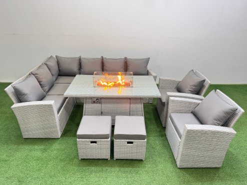 Fimous Rattan Corner Sofa Chair Set Outdoor Furniture Garden Dining Sets Gas Fire Pit Table with Temper Glass 2 Footstools Light Grey Mixed
