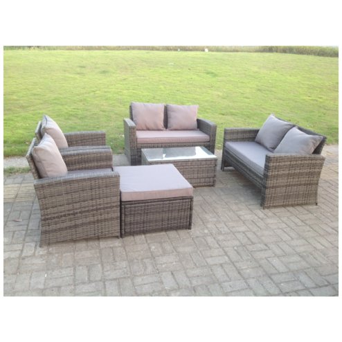 High Back Dark Mixed Grey Rattan Sofa Set Outdoor Furniture Square Coffee Table Big Footstool Chairs 2 Seater Love Sofa 7 Seater