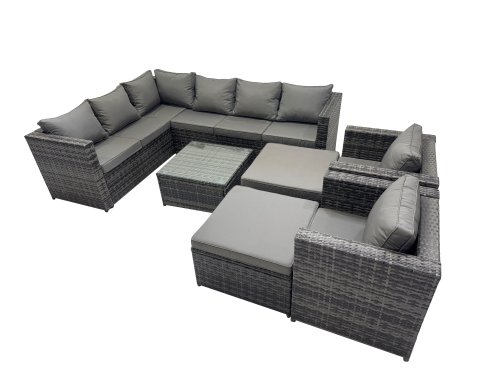 Fimous Rattan Garden Furniture Patio Furniture Sets with Corner Sofa Coffee Table 2 Big Stool Dark Grey Mixed
