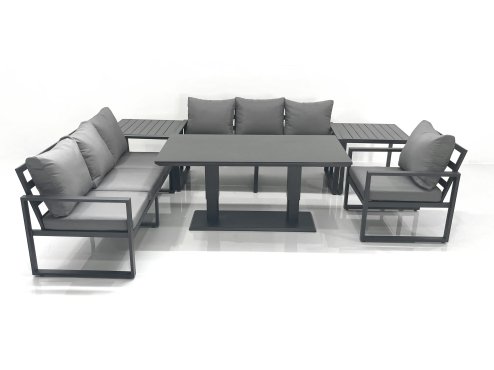 Fimous Outdoor Garden Furniture Set Aluminium Lounge Sofa Adjustable Rising Lifting Dining Table Sets with 2 Side Tables Dark Grey