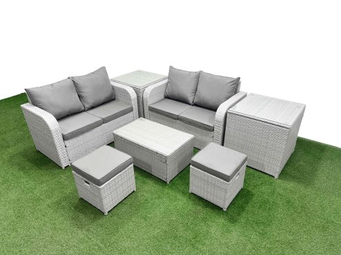 Fimous 6 Seater Outdoor Love Sofa Set Rattan Garden Furniture Set with Rectangular Coffee Table 2 Small Stools 2 Side Tables Light Grey
