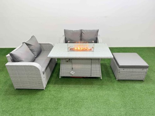 Fimous 5 Seater Outdoor Love Sofa Set Rattan Garden Furniture Set with Firepit Dining Table Big Footstool Light Grey