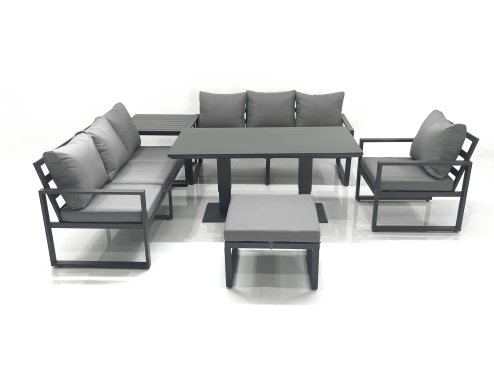 Fimous Outdoor Garden Furniture Set Aluminium Lounge Sofa Adjustable Rising Lifting Dining Table Sets with Big Footstool Side Table Dark Grey