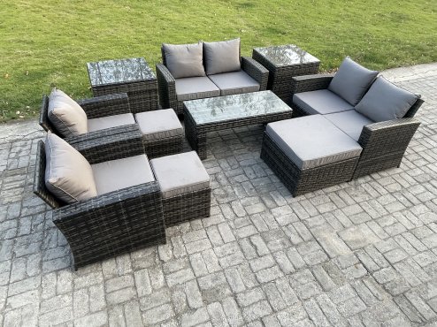 Fimous 9 Seater Dark Grey Mixed High Back Rattan Sofa Set Coffee Table Garden Furniture Outdoor Patio With Love Sofa Arm Chairs 3 Footstools 2 Side Tables