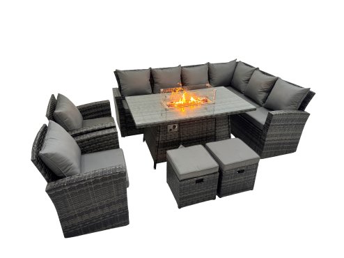 Fimous Outdoor Furniture Garden Dining Set Rattan Corner Sofa Chair Set Gas Fire Pit Table with Temper Glass 2 Small Footstools Dark Grey Mixed