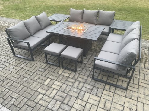 Fimous Aluminium 11 Seater Garden Furniture Outdoor Set Patio Lounge Sofa Gas Fire Pit Dining Table Set with 2 Small Footstools 2 Side Tables Dark Grey