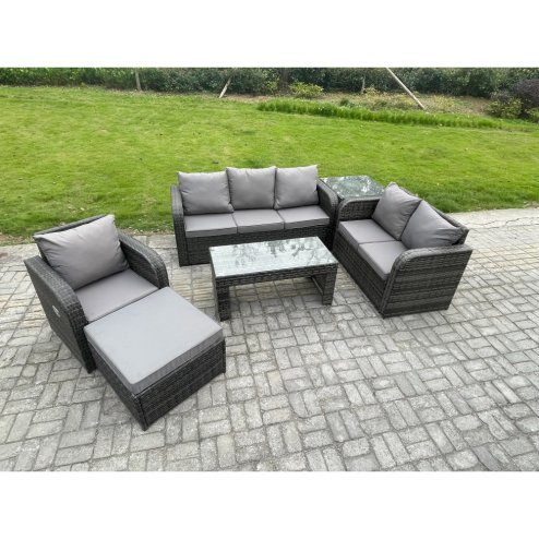 Fimous 7 Seater Outdoor Rattan Garden Furniture Set Rattan Lounge Sofa Set with Rectangular Coffee Table Reclining Chair Big Footstool Side Table Dark Grey Mixed