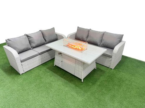 Fimous Outdoor Garden Furniture Sets 6 Seater Wicker Rattan Furniture Sofa Sets with Firepit Dining Table high Back Lounge Sofa Light Grey