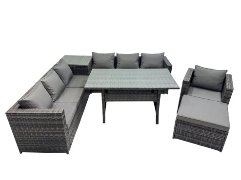Fimous 8 Seater Outdoor Corner Sofa Chair Dining Table Set Garden Rattan Furniture Set with Side Table Big Stool Dark Grey