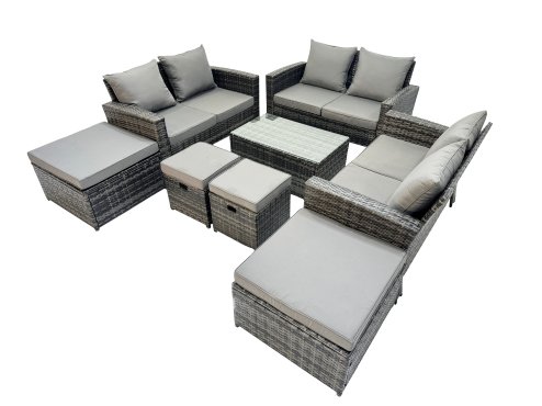 Fimous PE Rattan Garden Furniture Set Lounge Double Seat Sofa Coffee Table Set with 4 Stools Dark Grey MixedMixed