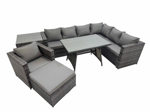 Fimous Rattan garden furniture Patio Furniture Sets with Dining Table Chair Big Stool Side Table Dark Grey Mixed