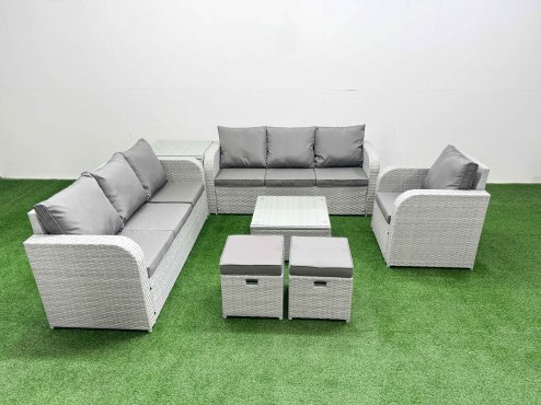 Fimous 9 Seater Poly Rattan Outdoor Garden Furniture Square Coffee Table Sofa Set Patio 3 Seater Sofa Reclining Chair 3 Seater Sofa Stools Side Table Light Grey