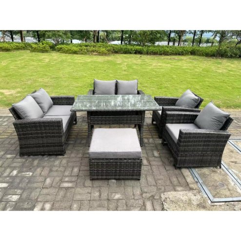 Fimous 7 Seater High Back Dark Grey Mixed Rattan Sofa Dining Table Set Garden Furniture Love Sofa Arm Chair