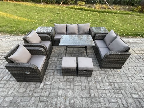 Fimous Outdoor Rattan Garden Furniture Set 9 Seater Patio Lounge Sofa Set with Dining Table 2 Small Footstools 2 Side Tables Dark Grey Mixed