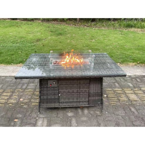 Fimous 5 Seater Outdoor PE Rattan Garden Furniture Set Gas Fire Pit Dining Table Gas Heater Burner With Sofa Armchairs Big Footstool Dark Grey Mixed