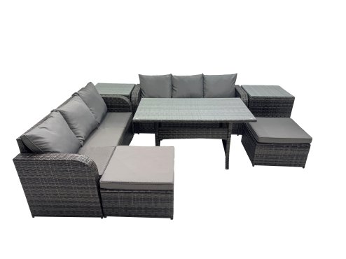 Fimous 8 Seat Outdoor Wicker PE Rattan Garden Furniture Set Dining Table Sofa Set with 2 Big Stools 2 Side Tables Dark Grey Mixed