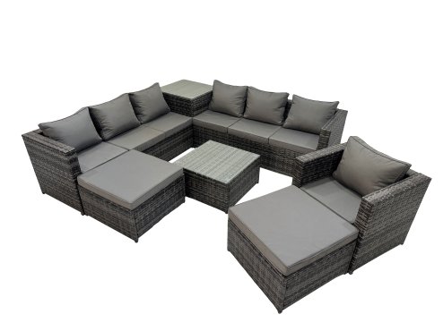 Fimous 9 Seater Garden Outdoor Rattan Furniture Set Patio Corner Sofa Coffee Table with Side Table 2 Big Stool Dark Grey