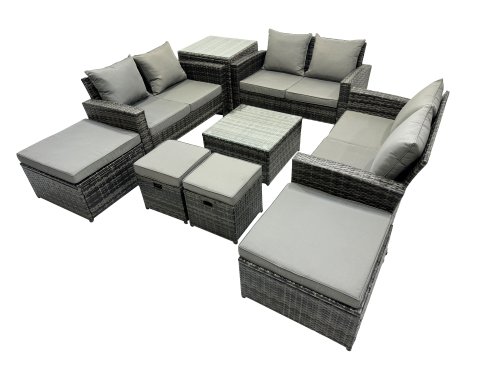 Fimous PE Rattan Garden Furniture Set Lounge Double Seat Sofa Coffee Table Set with Side Table 4 Stools Dark Grey Mixed