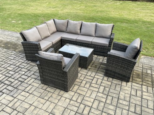 Fimous 8 Seater High Back Outdoor Garden Furniture Set Rattan Corner Sofa Set With Rectangular Coffee Table 2 Armchairs Dark Grey Mixed
