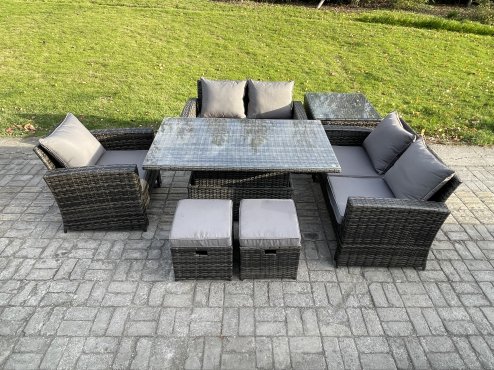 Fimous 7pcs Rattan Outdoor Garden Furniture Set Height Adjustable Rising Lifting Table Sofa Dining Set with Side Table 2 Small Footstools Dark Grey Mixed