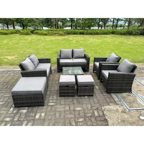 Fimous 9 Seater Dark Grey Mixed High Back Rattan Sofa Set Coffee Table Garden Furniture Outdoor 3 Stools