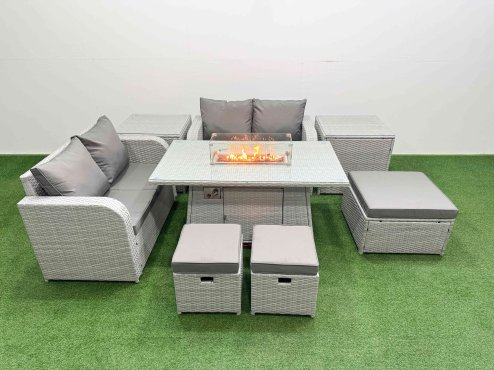 Fimous 7 Seater Outdoor Love Sofa Set Rattan Garden Furniture Set with Firepit Dining Table 3 Footstool 2 Side Tables Light Grey