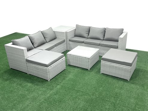 Fimous Rattan Garden Outdoor Furniture Set 8 Seater Rattan Garden Sofa Set with 2 Big Footstools Side Table Light Grey Mixed