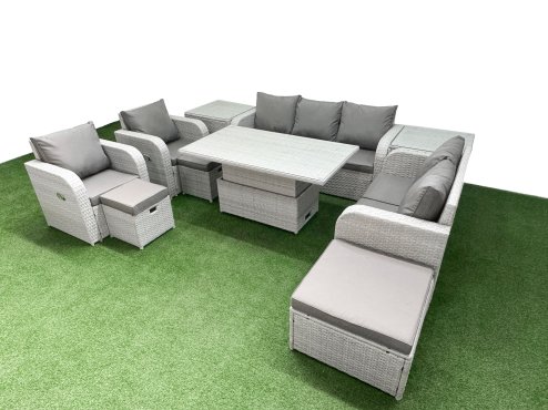 Fimous PE Rattan Garden Furniture Set Reclining Chair Sofa Double Love Seat 2 Seater Sofa Lounge Set Adjustable Lifting Dining or Coffee Table 3 Stools 2 Side Table Light Grey