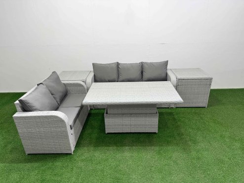 Fimous 5 Seater PE Rattan Wicker Garden Furniture Patio Conservatory Sofa Set with Adjustable Lifting Dining or Coffee Table 3 Seater Sofa Love Sofa 2 Side Table