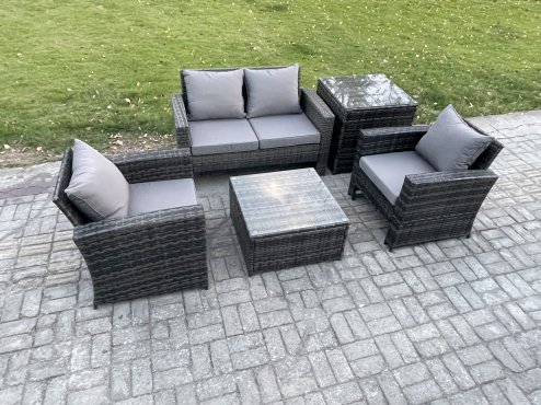 Fimous Outdoor Lounge Sofa Set Wicker PE Rattan Garden Furniture Set with Armchair Square Coffee Table Double Seat Sofa Side Table Dark Grey Mixed
