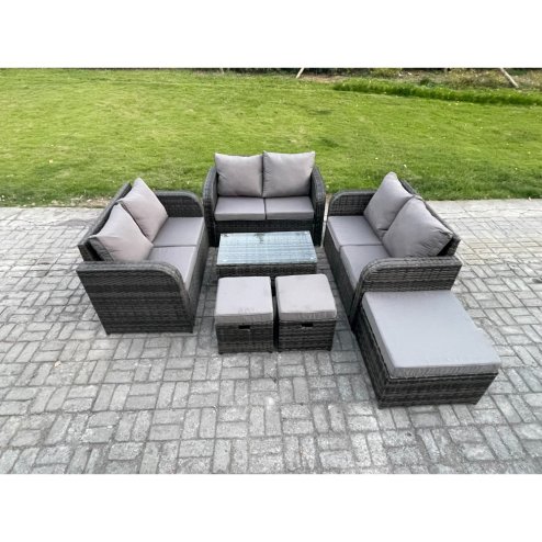 Fimous Outdoor Garden Furniture Sets 9 Seater Wicker Rattan Furniture Sofa Sets with Rectangular Coffee Table Love Sofa 3 Footstools Dark Grey Mixed