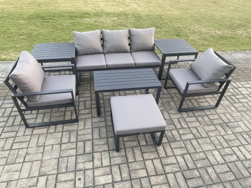 Fimous Aluminium Patio Outdoor Furniture Set 6 Seater Garden Sofa with Oblong Coffee Table Big Footstool 2 Armchairs 2 Side Tables Dark Grey